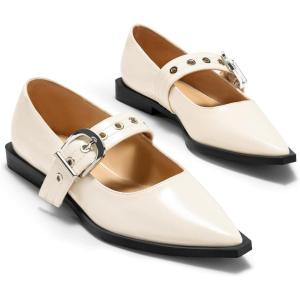 Coutgo Womens Mary Jane Flats Closed Pointed Toe Ballet Flat Studded Metal Adjustable Buckle Dress Shoes(White)