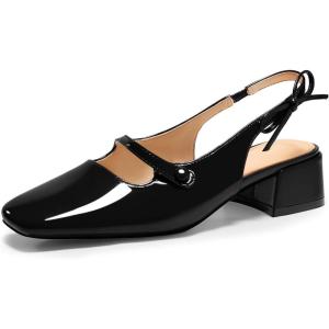 Coutgo Womens Mary Jane Shoes Slingback Chunky Low Heels Bow Closed Square Toe Pumps Wedding Party Dress Shoes(Black)