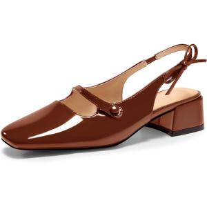 Coutgo Womens Mary Jane Shoes Slingback Chunky Low Heels Bow Closed Square Toe Pumps Wedding Party Dress Shoes(Brown)