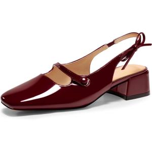 Coutgo Womens Mary Jane Shoes Slingback Chunky Low Heels Bow Closed Square Toe Pumps Wedding Party Dress Shoes(Burgundy)