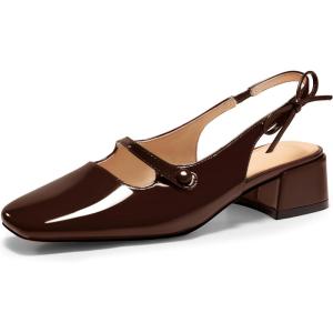 Coutgo Womens Mary Jane Shoes Slingback Chunky Low Heels Bow Closed Square Toe Pumps Wedding Party Dress Shoes(Coffee)