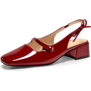 Coutgo Womens Mary Jane Shoes Slingback Chunky Low Heels Bow Closed Square Toe Pumps Wedding Party Dress Shoes(Red)