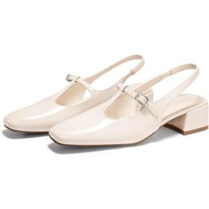 Coutgo Womens Mary Jane Slingback Low Heels T Strap Chunky Heel Closed Toe Pumps Wedding Party Dress Shoes(Beige)