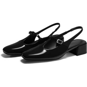 Coutgo Womens Mary Jane Slingback Low Heels T Strap Chunky Heel Closed Toe Pumps Wedding Party Dress Shoes(Black)