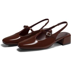 Coutgo Womens Mary Jane Slingback Low Heels T Strap Chunky Heel Closed Toe Pumps Wedding Party Dress Shoes(Chocolate)