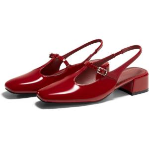 Coutgo Womens Mary Jane Slingback Low Heels T Strap Chunky Heel Closed Toe Pumps Wedding Party Dress Shoes(Red)