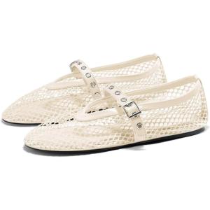 Coutgo Womens Mesh Ballet Flats Mary Jane Fishnet Ballerina Buckle Strap Comfortable Causal Dress Shoes(Apricot)