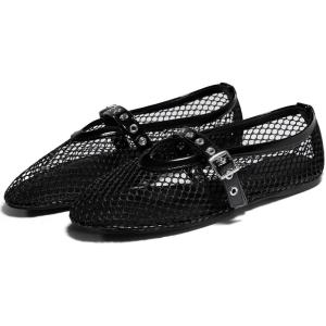Coutgo Womens Mesh Ballet Flats Mary Jane Fishnet Ballerina Buckle Strap Comfortable Causal Dress Shoes(Black)