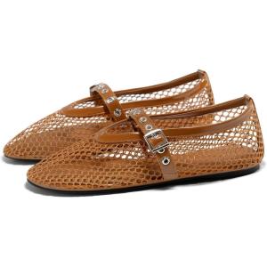 Coutgo Womens Mesh Ballet Flats Mary Jane Fishnet Ballerina Buckle Strap Comfortable Causal Dress Shoes(Brown)