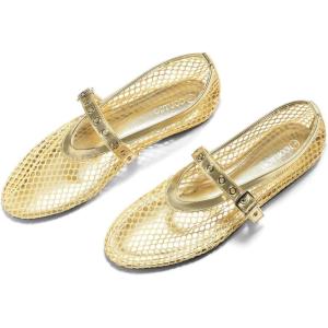 Coutgo Womens Mesh Ballet Flats Mary Jane Fishnet Ballerina Buckle Strap Comfortable Causal Dress Shoes(Gold)
