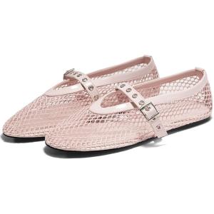 Coutgo Womens Mesh Ballet Flats Mary Jane Fishnet Ballerina Buckle Strap Comfortable Causal Dress Shoes(Pink)