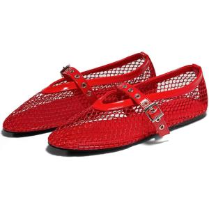 Coutgo Womens Mesh Ballet Flats Mary Jane Fishnet Ballerina Buckle Strap Comfortable Causal Dress Shoes(Red)