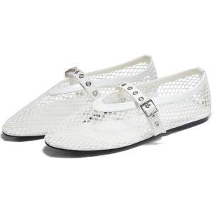 Coutgo Womens Mesh Ballet Flats Mary Jane Fishnet Ballerina Buckle Strap Comfortable Causal Dress Shoes(White)