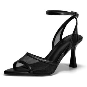 Coutgo Womens Mesh Kitten Heels Sandals Pointed Open Toe Ankle Buckle Strap Summer Dress Shoes(Black)