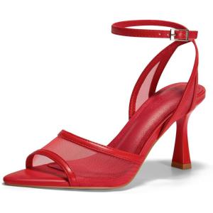 Coutgo Womens Mesh Kitten Heels Sandals Pointed Open Toe Ankle Buckle Strap Summer Dress Shoes(Red)