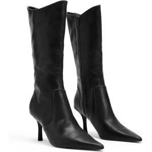 Coutgo Womens Mid Calf Boots Pointed Toe High Heel Long Boots Side Zipper Winter Dress Shoes(Black)