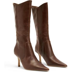 Coutgo Womens Mid Calf Boots Pointed Toe High Heel Long Boots Side Zipper Winter Dress Shoes(Brown)