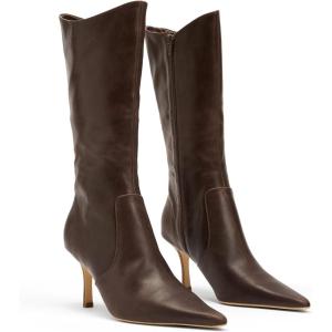 Coutgo Womens Mid Calf Boots Pointed Toe High Heel Long Boots Side Zipper Winter Dress Shoes(Dark Brown)