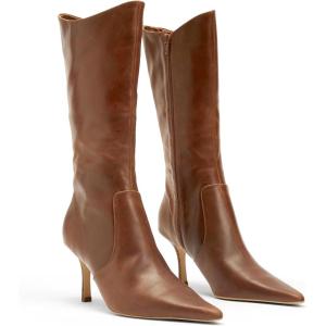 Coutgo Womens Mid Calf Boots Pointed Toe High Heel Long Boots Side Zipper Winter Dress Shoes(Light Brown)