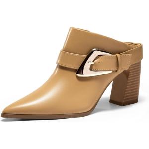 Coutgo Womens Mules Boots Chunky Stacked Heel Pointed Toe Booties Slip On Dress Boot Shoes with Buckle Decoration(Khaki)