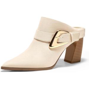 Coutgo Womens Mules Boots Chunky Stacked Heel Pointed Toe Booties Slip On Dress Boot Shoes with Buckle Decoration(Suede Beige)