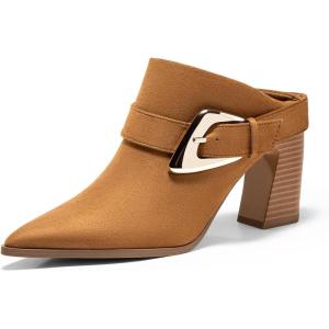 Coutgo Womens Mules Boots Chunky Stacked Heel Pointed Toe Booties Slip On Dress Boot Shoes with Buckle Decoration(Suede Brown)