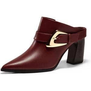 Coutgo Womens Mules Boots Chunky Stacked Heel Pointed Toe Booties Slip On Dress Boot Shoes with Buckle Decoration(Wine Red)