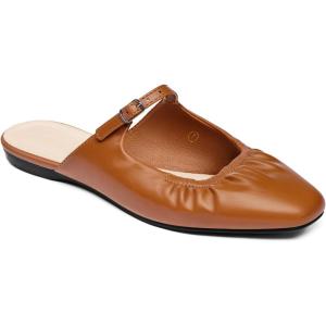 Coutgo Womens Mules Mary Jane Flats Closed Toe Pleated Slip on Shoes Dressy Casual Slides(Brown)