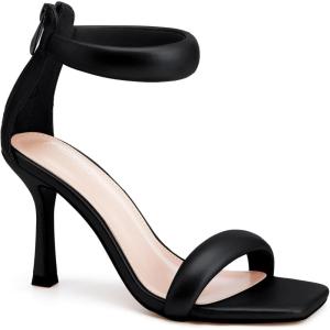 Coutgo Women’s One Strap Heeled Sandals Square Open Toe Stiletto Heels Ankle Buckle Strap Summer Pump Shoes(Cool Black)