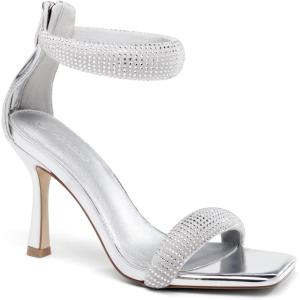 Coutgo Women’s One Strap Heeled Sandals Square Open Toe Stiletto Heels Ankle Buckle Strap Summer Pump Shoes(Silvery Gray)