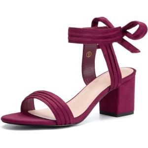 Coutgo Womens Open Toe Ankle Tie Back Low Block Chunky Heels Sandals Party Dress Pumps Shoes(Burgundy)