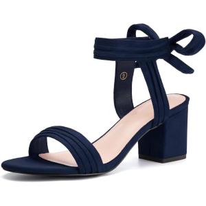 Coutgo Womens Open Toe Ankle Tie Back Low Block Chunky Heels Sandals Party Dress Pumps Shoes(Navy)