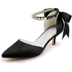 Coutgo Womens Pearl Ankle Strap Pumps Low Kitten Heel D’Orsay Satin Back Tieknot Heels Pointed Toe Wedding Party Dress Shoes(Black)