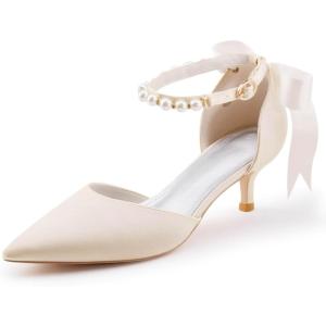 Coutgo Womens Pearl Ankle Strap Pumps Low Kitten Heel D’Orsay Satin Back Tieknot Heels Pointed Toe Wedding Party Dress Shoes(Champagne)