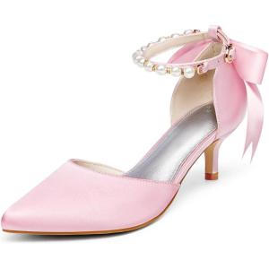 Coutgo Womens Pearl Ankle Strap Pumps Low Kitten Heel D’Orsay Satin Back Tieknot Heels Pointed Toe Wedding Party Dress Shoes(Pink)