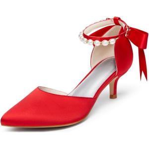 Coutgo Womens Pearl Ankle Strap Pumps Low Kitten Heel D’Orsay Satin Back Tieknot Heels Pointed Toe Wedding Party Dress Shoes(Red)