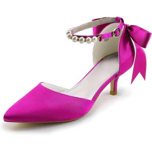 Coutgo Womens Pearl Ankle Strap Pumps Low Kitten Heel D’Orsay Satin Back Tieknot Heels Pointed Toe Wedding Party Dress Shoes(Rose Red)