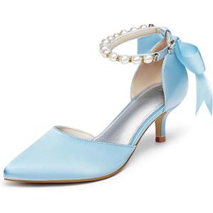 Coutgo Womens Pearl Ankle Strap Pumps Low Kitten Heel D’Orsay Satin Back Tieknot Heels Pointed Toe Wedding Party Dress Shoes(Sky Blue)
