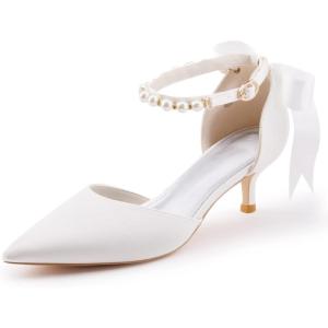 Coutgo Womens Pearl Ankle Strap Pumps Low Kitten Heel D’Orsay Satin Back Tieknot Heels Pointed Toe Wedding Party Dress Shoes(White)