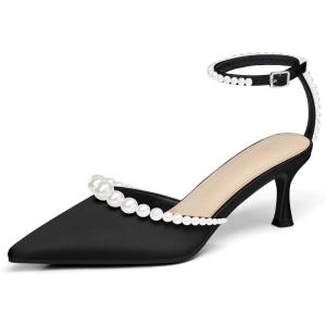 Coutgo Womens Pearl Kitten Heels Closed Pointed Toe Wedding Bride Dress Shoes Ankle Strap Satin Pumps(Black)
