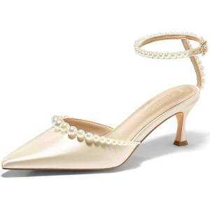 Coutgo Womens Pearl Kitten Heels Closed Pointed Toe Wedding Bride Dress Shoes Ankle Strap Satin Pumps(Champagne Gold)