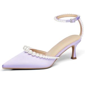 Coutgo Womens Pearl Kitten Heels Closed Pointed Toe Wedding Bride Dress Shoes Ankle Strap Satin Pumps(Light Purple)