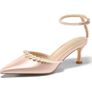 Coutgo Womens Pearl Kitten Heels Closed Pointed Toe Wedding Bride Dress Shoes Ankle Strap Satin Pumps(Pink)