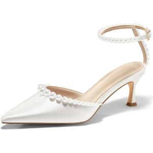 Coutgo Womens Pearl Kitten Heels Closed Pointed Toe Wedding Bride Dress Shoes Ankle Strap Satin Pumps(White)