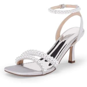 Coutgo Womens Pearl Kitten Heels Sandals Square Open Toe Dress Sandals Ankle Strap Satin Wedding Party Summer Sandals(Blue)