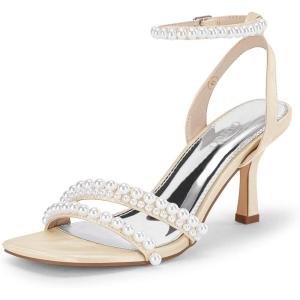 Coutgo Womens Pearl Kitten Heels Sandals Square Open Toe Dress Sandals Ankle Strap Satin Wedding Party Summer Sandals(Champagne)