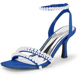 Coutgo Womens Pearl Kitten Heels Sandals Square Open Toe Dress Sandals Ankle Strap Satin Wedding Party Summer Sandals(Royal Blue)