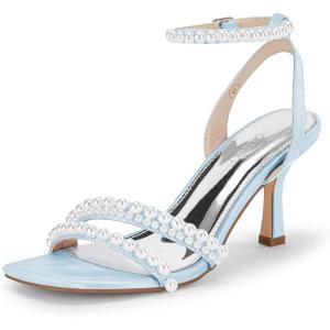Coutgo Womens Pearl Kitten Heels Sandals Square Open Toe Dress Sandals Ankle Strap Satin Wedding Party Summer Sandals(Sky Blue)