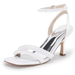 Coutgo Womens Pearl Kitten Heels Sandals Square Open Toe Dress Sandals Ankle Strap Satin Wedding Party Summer Sandals(White)