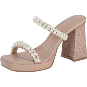 Coutgo Women’s Pearl Sandals Platform Chunky High Heels Square Open Toe Strappy Slip On Slides(Camel Beige)
